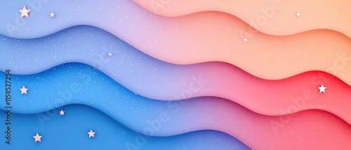 Presidents’ Day concept. Colorful wavy gradient background with stars, blending soft hues of blue, pink, and peach for a calming and artistic effect.