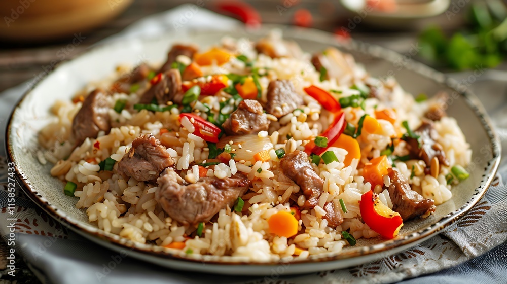 A combination of rice pork and vegetables on a plate A combination of rice pork and vegetables on a plate