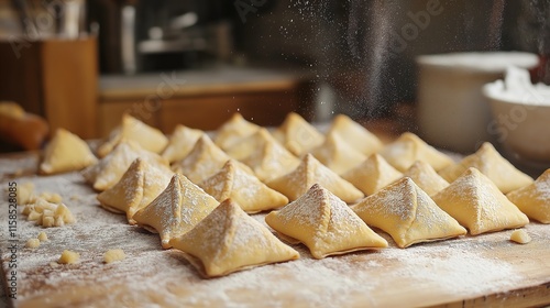 Freshly baked hamantaschen preparing for Purim celebration in a cozy kitchen with a wooden countertop photo