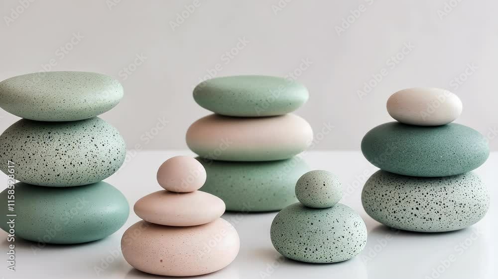 Stylish arrangement of smooth pebbles showcasing balanced stacking in soft green and pink colors