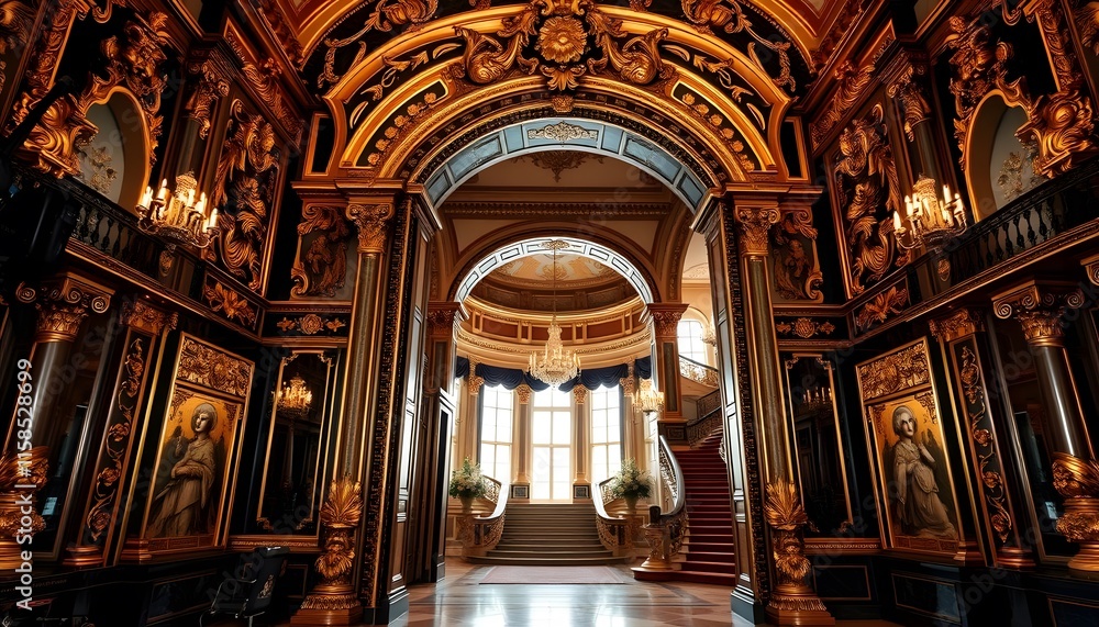 Obraz premium magnificent interior palace design with gold and black baroque style design generated by Ai