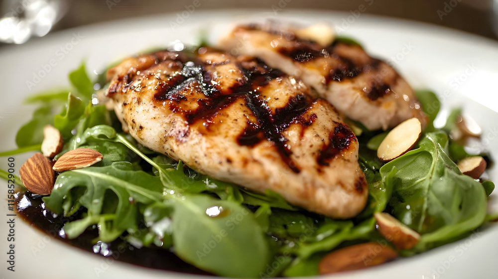 A salad with grilled chicken breast, spinach, arugula, roasted almonds, and a light balsamic dressing A salad with grilled chicken breast, spinach, arugula, roasted almonds, and a light balsamic dressing