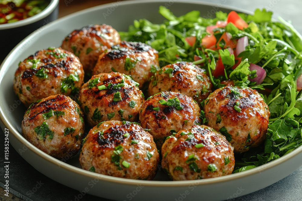 Golden-Brown Meatballs with Tomato Sauce on Arugula Salad in Rustic Bowl, Casual Dining Setting Golden-Brown Meatballs with Tomato Sauce on Arugula Salad in Rustic Bowl, Casual Dining Setting