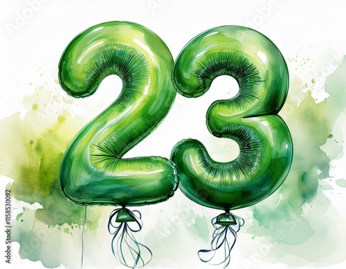 Green birthday / anniversary balloon, number 23, watercolor painting with white background photo