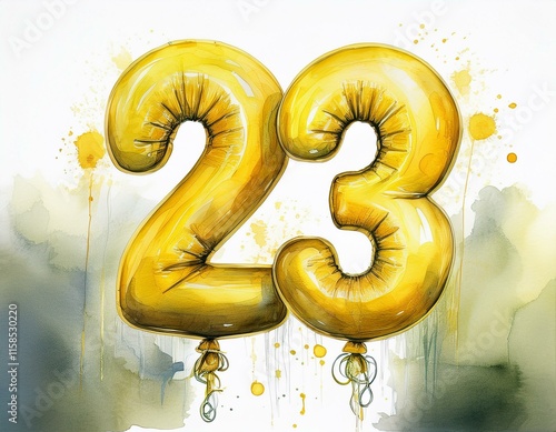 Yellow birthday / anniversary balloon, number 23, watercolor painting with white background photo