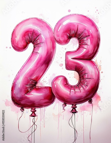 Pink birthday / anniversary balloon, number 23, watercolor painting with white background photo