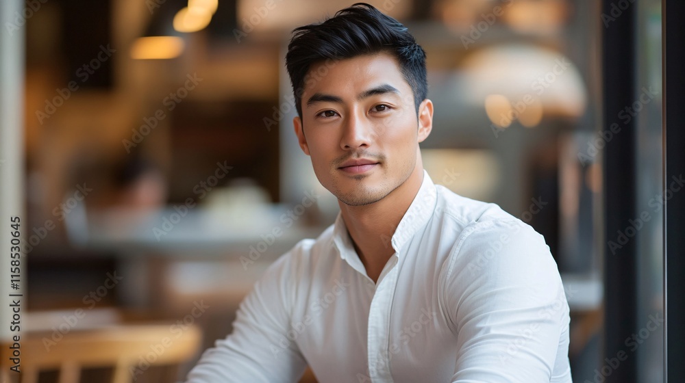 Fototapeta premium Handsome asian freelancer working remotely from a modern cafe