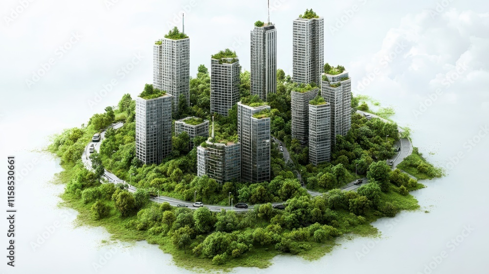 Fototapeta premium A futuristic cityscape featuring tall buildings enveloped in greenery, symbolizing sustainable urban living.