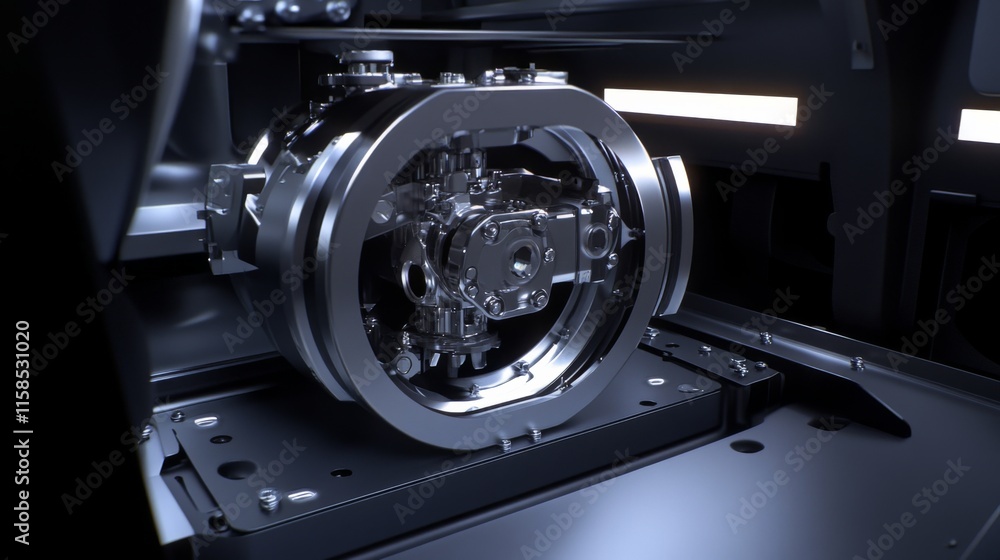 Fototapeta premium Airplane wheel compartment with mechanical components and hydraulic systems, essential for safe landing and takeoff. Precision engineering and aviation safety concepts.