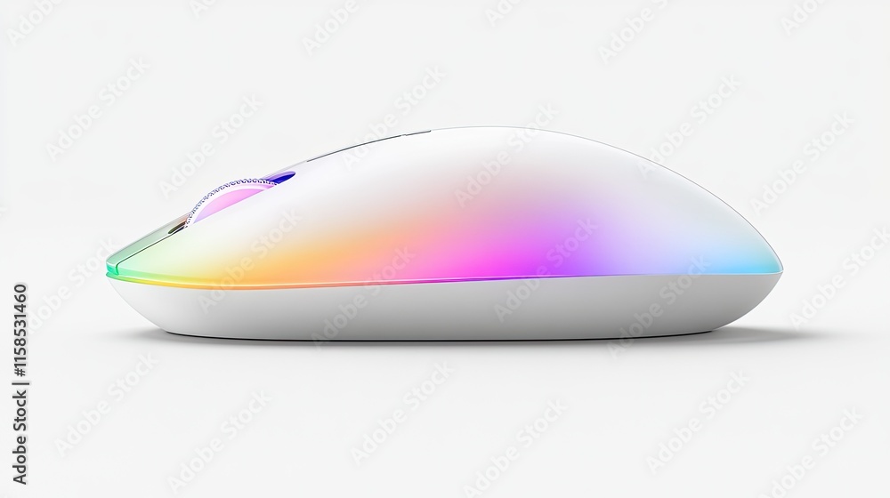 Wireless computer mouse with RGB lighting, sleek design, isolated on white background. Wireless computer mouse with RGB lighting, sleek design, isolated on white background.