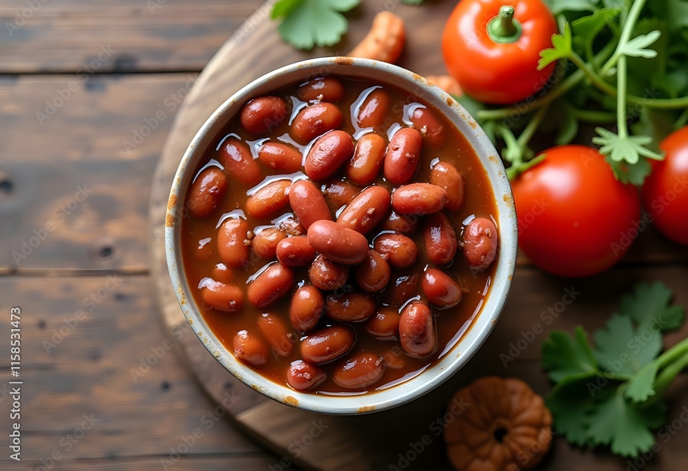 White beans in tomato sauce in a black bowl on dark wooden background
