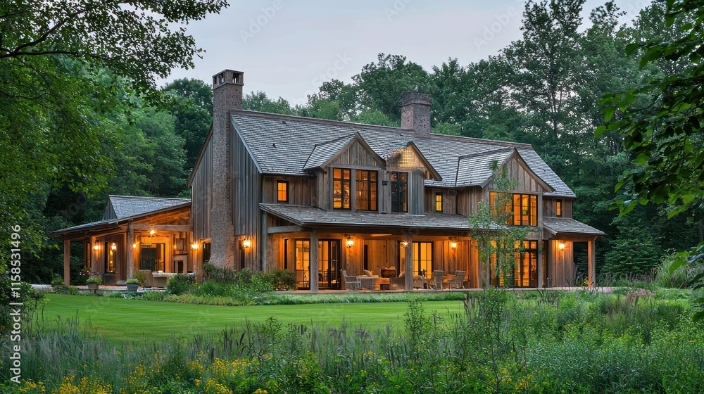 Luxurious farmhouse at dusk, nestled in lush greenery. Luxurious farmhouse at dusk, nestled in lush greenery.