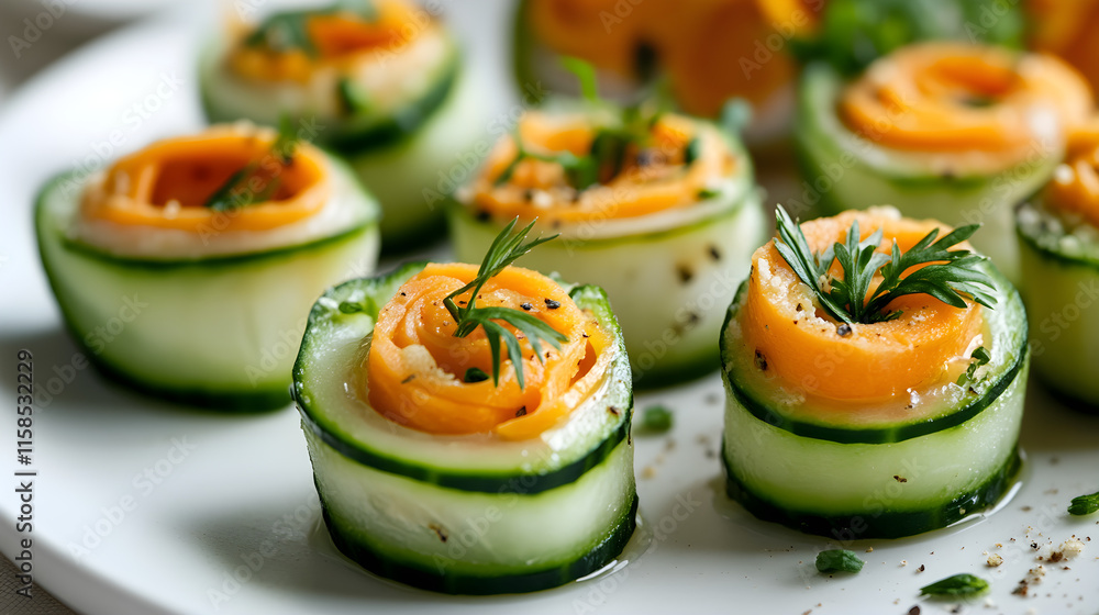 Thinly sliced cucumber and carrot rolls filled with hummus and herbs Thinly sliced cucumber and carrot rolls filled with hummus and herbs