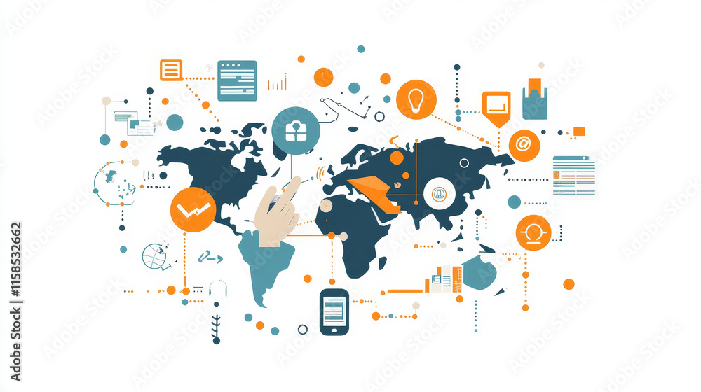 abstract technology infographic background concept hand digital link world map dot, business icon flat world, message and phone, graph line about growth of business abstract technology infographic background concept hand digital link world map dot, business icon flat world, message and phone, graph line about growth of business
