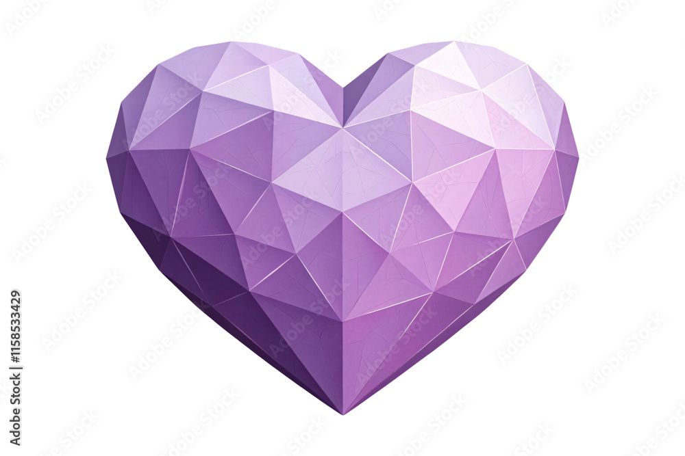 A lilac polygonal heart with a radiant glow, combining soft pastels and sharp angles, symbolizing delicate beauty and sentimentality, isolated on a transparent background A lilac polygonal heart with a radiant glow, combining soft pastels and sharp angles, symbolizing delicate beauty and sentimentality, isolated on a transparent background