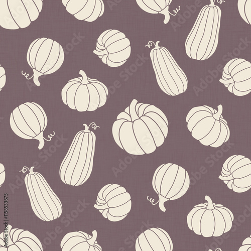 Autumn harvest fabric. Pumpkins on a purple background. 