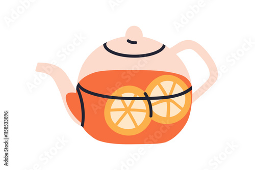 Tea pot. Hot drink with lemon slices in glass teapot. Healthy fruity vitamin ...