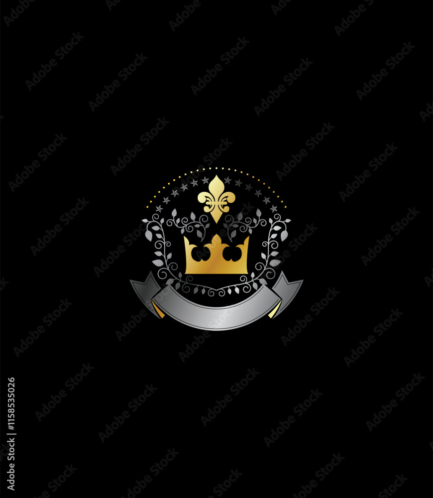 Naklejka premium Elegant gold logo with laurel wreath and justice scales. Perfect for legal offices, attorneys, and professional branding.