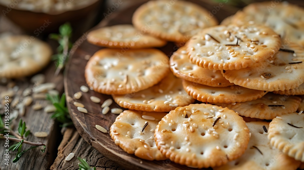 A delightful closeup of rice crackers presented on a rustic table A delightful closeup of rice crackers presented on a rustic table