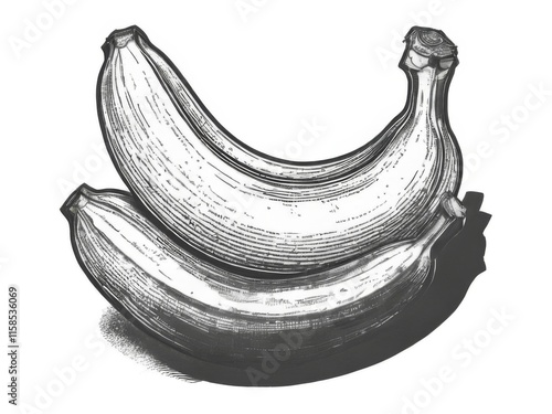 Handdrawn black and white illustration of three fresh bananas in triangular formation, with detailed textures and sketchlike quality. photo