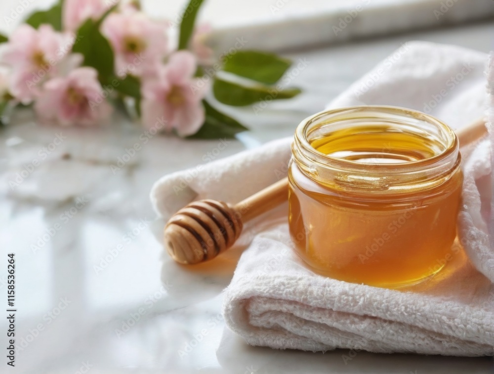 Small jar of honey with wooden dipper on marble countertop, surrounded by pink flowers. Clean, minimalistic aesthetic. Small jar of honey with wooden dipper on marble countertop, surrounded by pink flowers. Clean, minimalistic aesthetic.