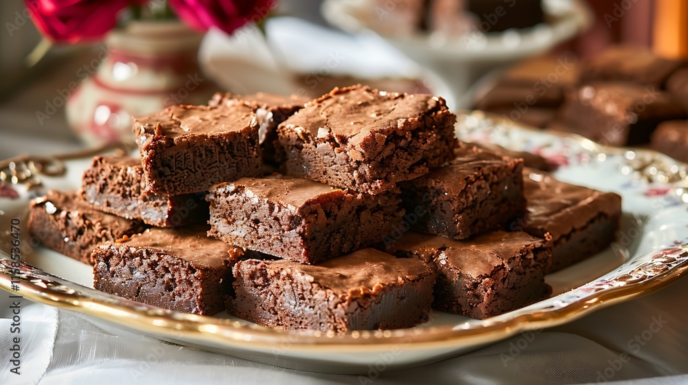 A delightful stack of brownies on an elegant platter A delightful stack of brownies on an elegant platter