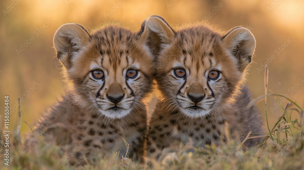 Obraz premium Adorable cheetah cubs resting on the African savannah.