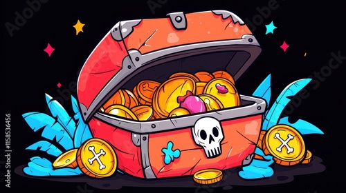 Cartoon Treasure Chest Overflowing with Gold Coins and Skull photo