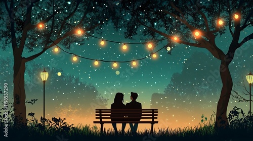 Romantic Couple in Fairy Light Park Vector Illustration, Couple Portraits in Scenic Settings,Valentine’s Day, Day of Love