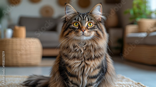 Close-up of a full-length Maine Coon cat sitting gracefully on a soft carpet