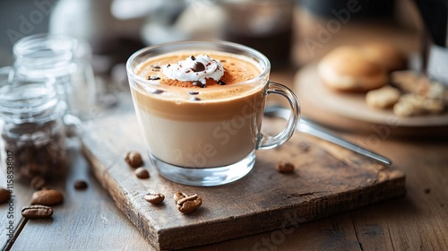 Dalgona coffee topped with whipped cream and coffee beans sitting on wooden board photo