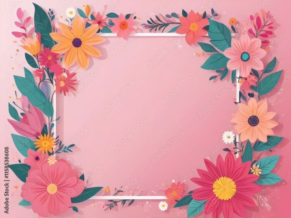 Colourful flower patterns with frame border, surrounding a pink space for text. Colourful flower patterns with frame border, surrounding a pink space for text.