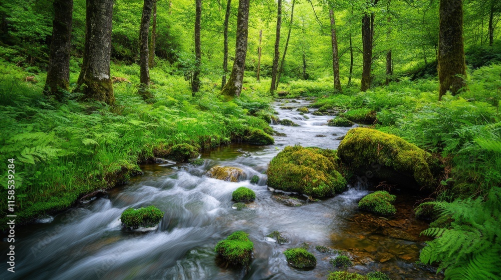 Serene forest stream with vibrant green foliage and mossy rocks, inviting relaxation and peace in nature. Serene forest stream with vibrant green foliage and mossy rocks, inviting relaxation and peace in nature.