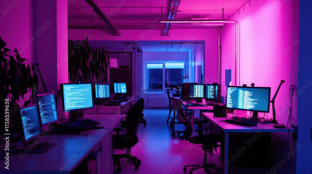 Fototapeta premium futuristic coding lab featuring multiple computer screens displaying programming code in vibrant purple and blue lighting. atmosphere is tech savvy and modern