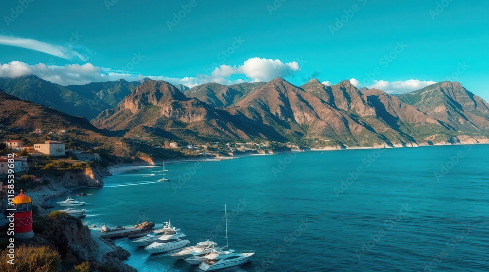 A breathtaking coastal view featuring mountains, a serene sea, and boats, capturing the essence of nature's beauty. A breathtaking coastal view featuring mountains, a serene sea, and boats, capturing the essence of nature's beauty.