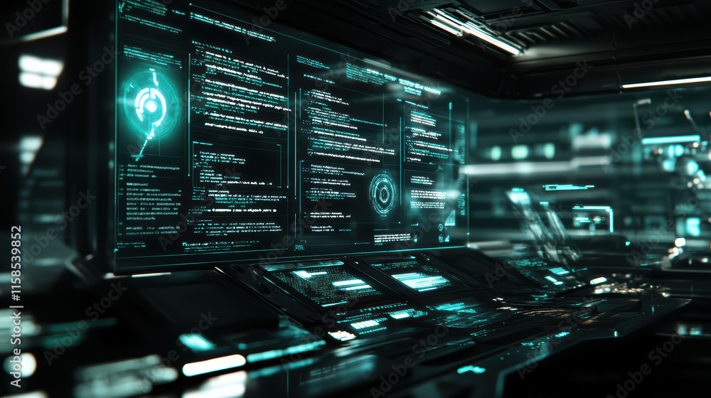 Futuristic interface displaying programming code and software data in high tech environment. glowing screens and digital elements create immersive technological atmosphere Futuristic interface displaying programming code and software data in high tech environment. glowing screens and digital elements create immersive technological atmosphere