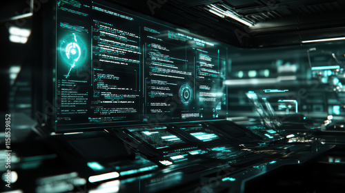 Wallpaper Mural Futuristic interface displaying programming code and software data in high tech environment. glowing screens and digital elements create immersive technological atmosphere Torontodigital.ca