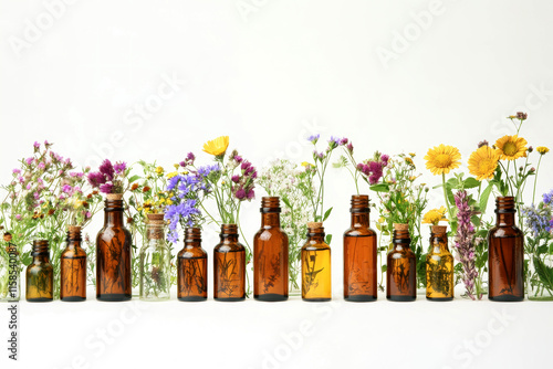 Bottles of essential oils display among wildflowers and herbs, creating a serene and aromatic setting