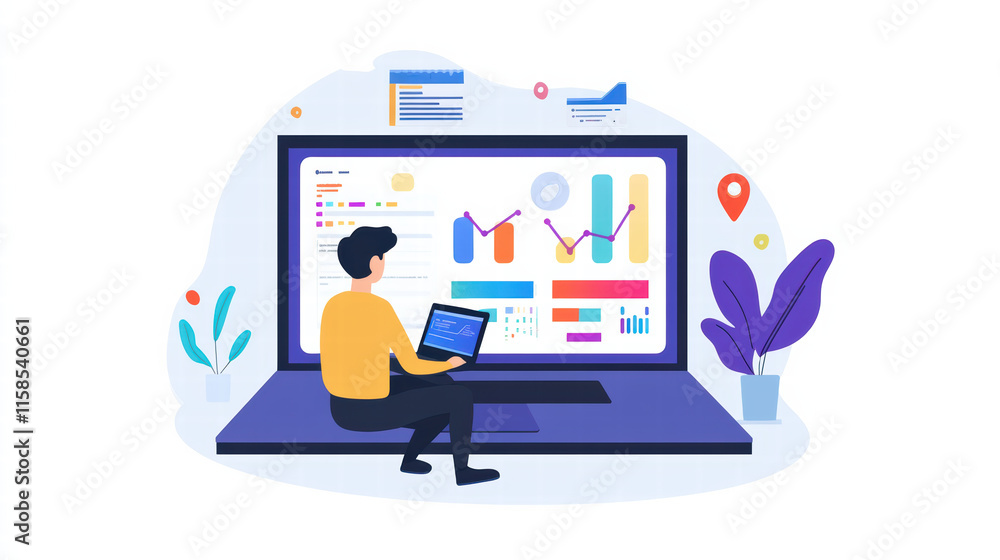 programmer working on laptop, analyzing data visualizations and charts. scene showcases modern workspace with colorful graphs and plants, reflecting productive environment programmer working on laptop, analyzing data visualizations and charts. scene showcases modern workspace with colorful graphs and plants, reflecting productive environment