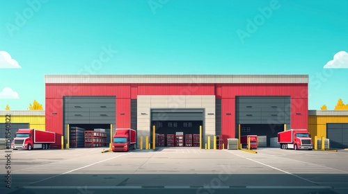 Bright and Colorful Warehouse with Red Trucks and Open Loading Docks Set Against a Clear Blue Sky and Lush Green Trees in a Stock Photo Environment