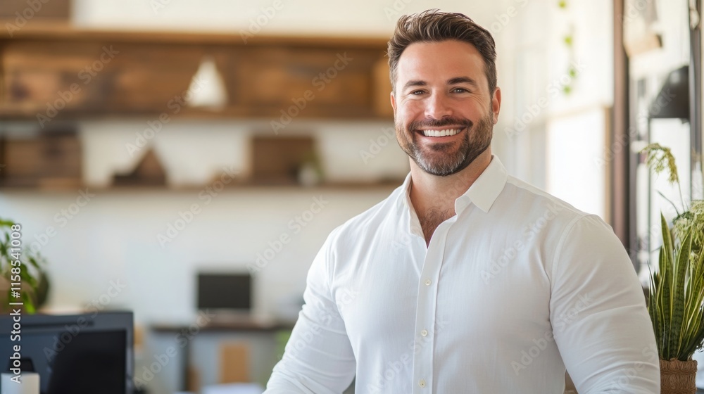 A confident man stands in a contemporary office filled with greenery, showcasing a welcoming atmosphere. He engages with clients about real estate, reflecting a professional yet inviting approach.