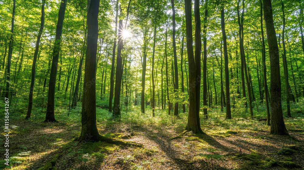 Obraz premium serene forest scene with sunlight filtering through tall trees, creating peaceful atmosphere. vibrant green foliage and soft shadows enhance natural beauty of woodland