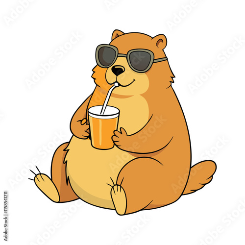 A groundhog lounging with sunglasses, sipping a lemonade Vector illustration