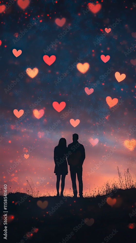 Fototapeta premium Romantic Stargazing Night Sky Vector Illustration, Romantic Night Sky Scenes,Valentine’s Day, Day of Love