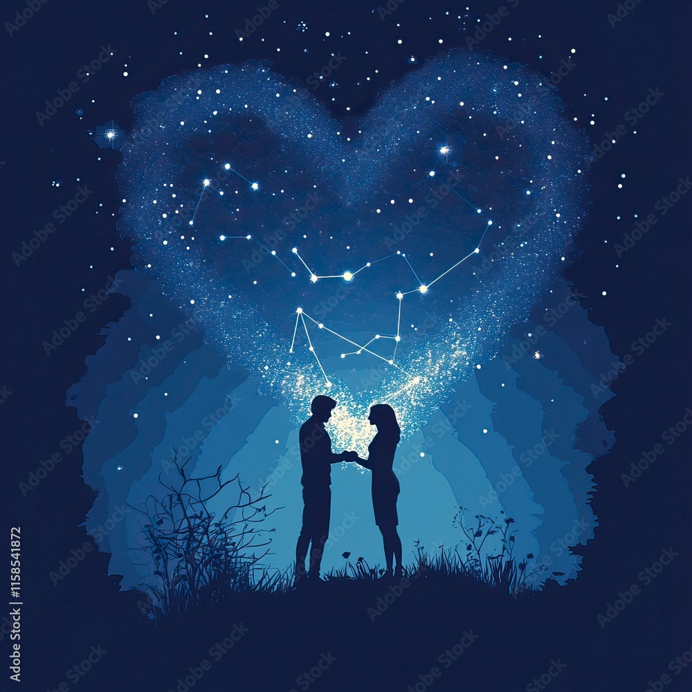Fototapeta premium Romantic Stargazing Night Sky Vector Illustration, Romantic Night Sky Scenes,Valentine’s Day, Day of Love 