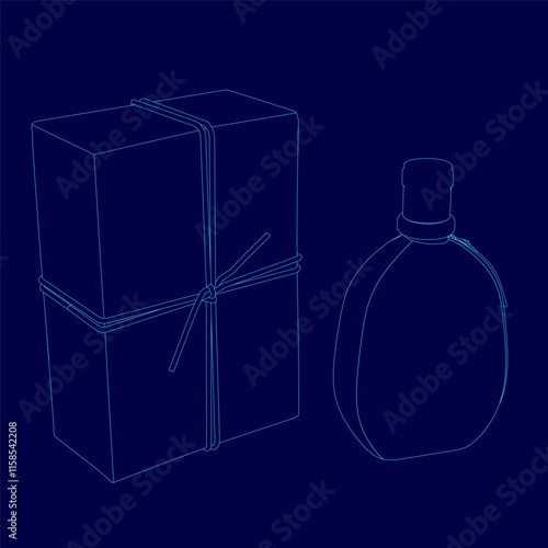 Box with a bow on top of it and a bottle of perfume. The box is blue and the perfume bottle is clear