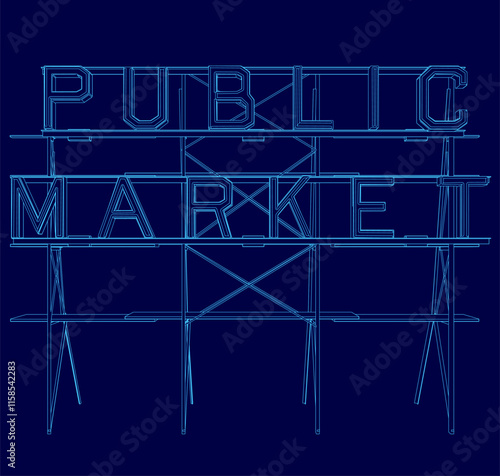 Public market is a sign that is blue. It is a sign that is on a building