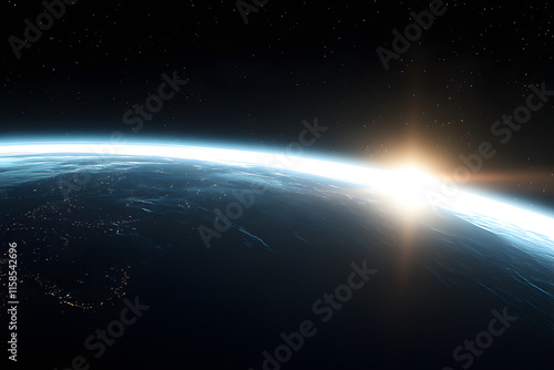 Stunning view of Earth from space with the sun rising on the horizon; perfect for themes of space exploration, science, global unity, and futuristic designs photo