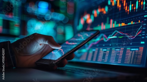 trader hand with mobile phone and computer screens with trading candlestick charts photo