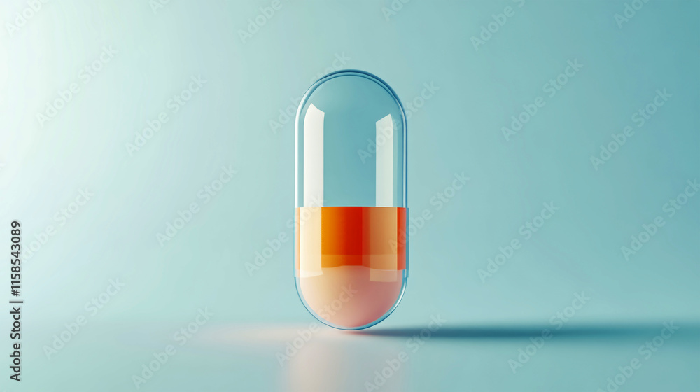Detailed 3D render of a multivitamin capsule showcasing vibrant pills against a soothing light blue backdrop Detailed 3D render of a multivitamin capsule showcasing vibrant pills against a soothing light blue backdrop